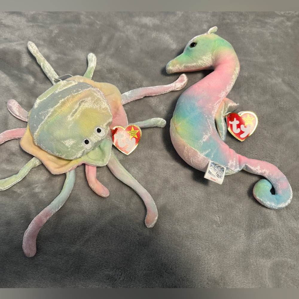 TY Beanie Babies "Goochy" Jellyfish & "Neon" Starfish,‎ New
